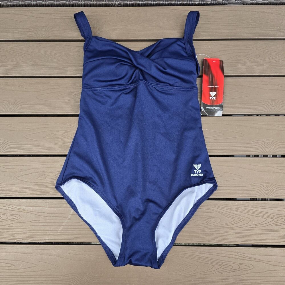 TYR Women's Solid Navy Twisted Bra One Piece Swimsuit Size 8 New